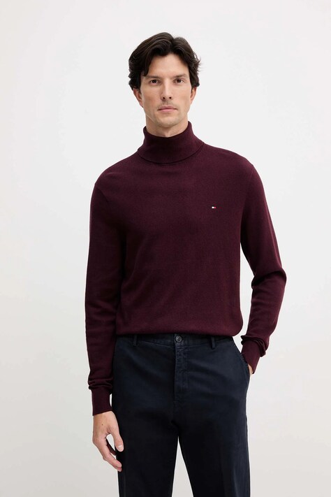 Tommy Hilfiger sweter z domieszką kaszmiru kolor bordowy lekki z golferm MW0MW28048
