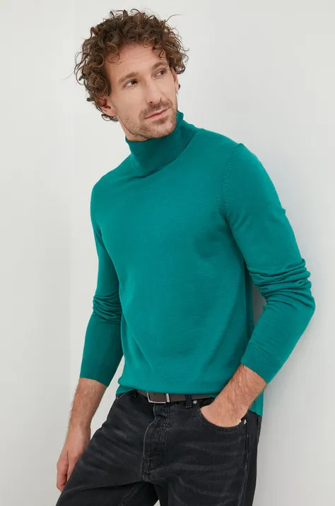 Vlněný svetr BOSS pánský, zelená barva, lehký, s golfem, 50468262