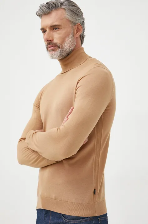 Vuneni pulover BOSS za muškarce, boja: bež, lagani, s dolčevitom