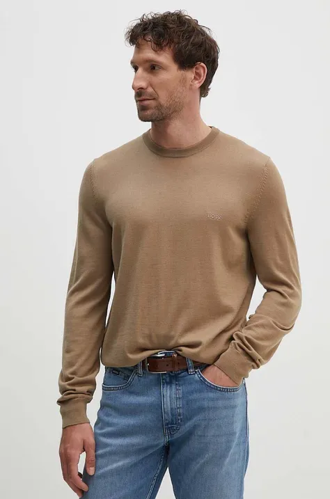 Vlnený sveter BOSS pánsky, béžová farba