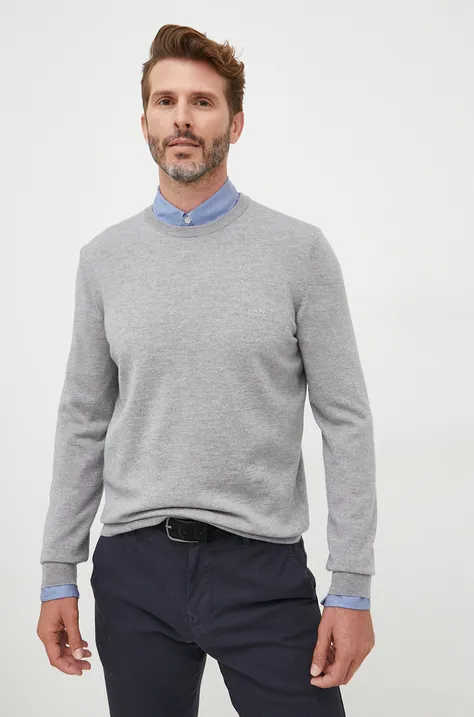 Шерстяной свитер BOSS мужской цвет серый