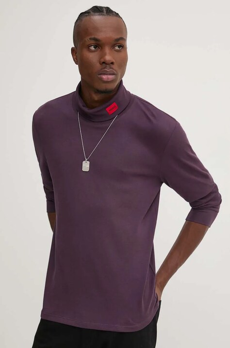 HUGO longsleeve barbati, culoarea violet, cu imprimeu