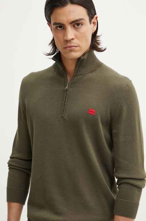 HUGO pulover de bumbac culoarea verde, light, cu turtleneck