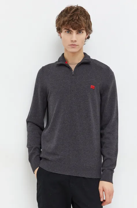 Pamučni pulover HUGO boja: siva, lagani, s poludolčevitom