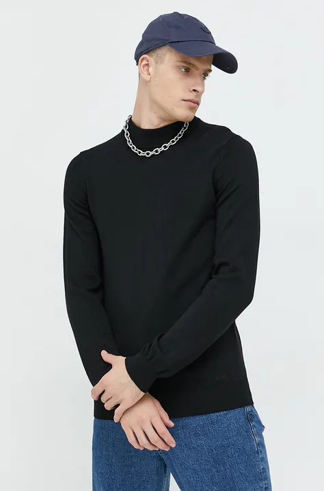 Μάλλινο πουλόβερ HUGO ανδρικά, χρώμα: μαύρο,