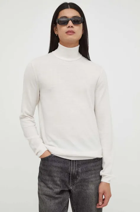 HUGO gyapjú pulóver könnyű, férfi, fehér, garbónyakú