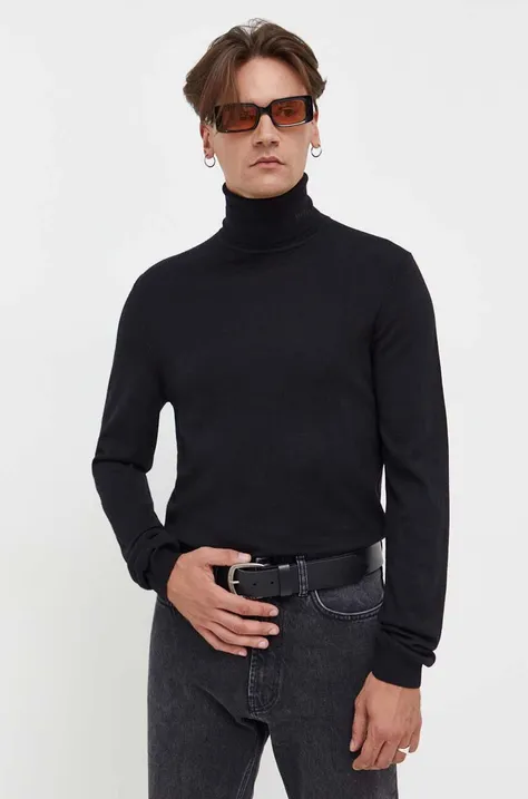 HUGO gyapjú pulóver könnyű, férfi, fekete, garbónyakú