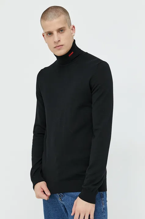 Vlnený sveter HUGO pánsky, čierna farba, tenký, s rolákom