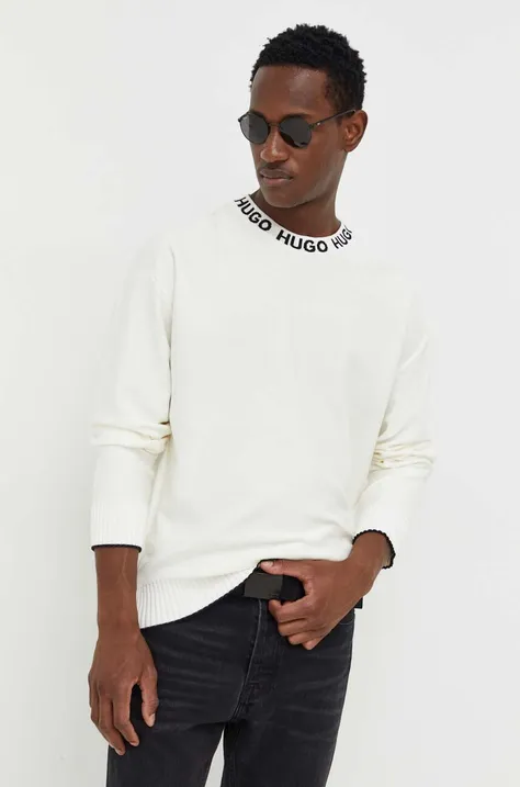Хлопковый свитер HUGO мужской цвет бежевый лёгкий