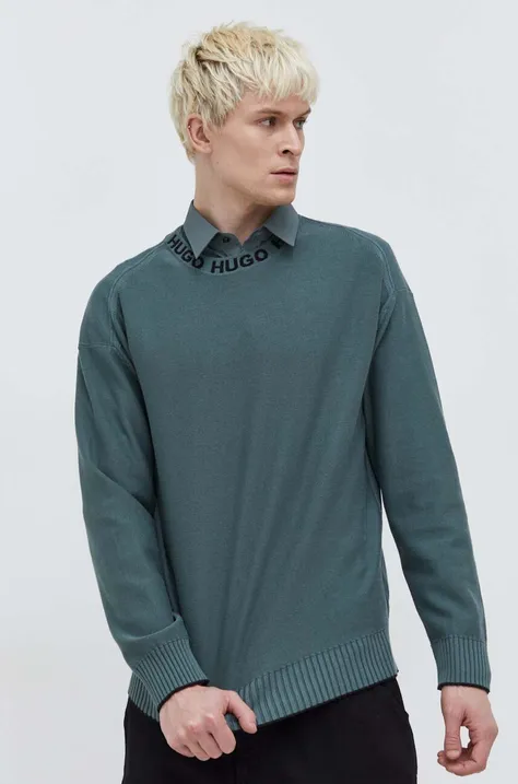Βαμβακερό πουλόβερ HUGO ανδρικά, χρώμα: πράσινο