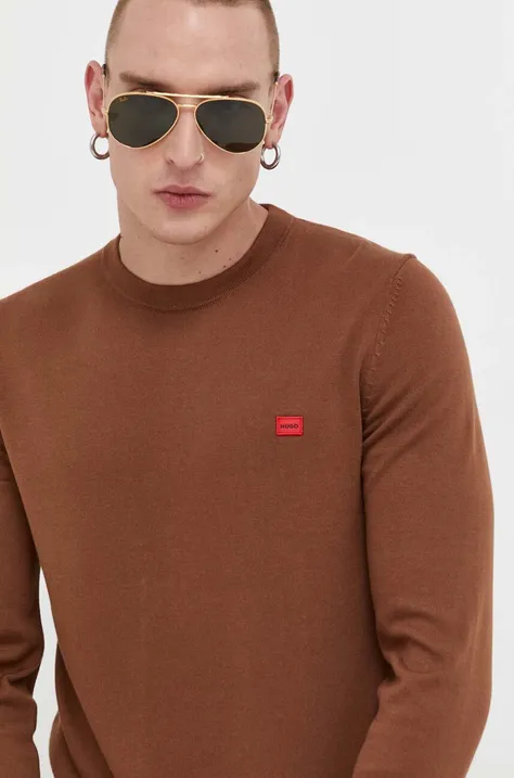 Pamučni pulover HUGO boja: smeđa, lagani