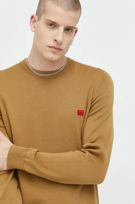 Pamučni pulover HUGO za muškarce, boja: smeđa, lagani