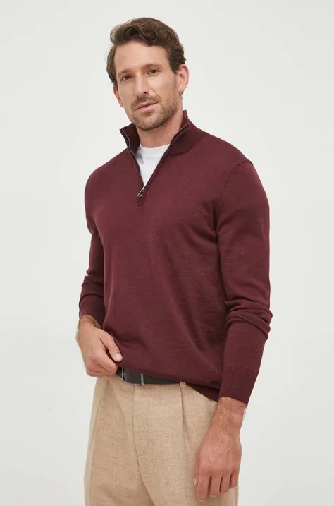 Joop! sweter wełniany męski kolor bordowy lekki z półgolfem