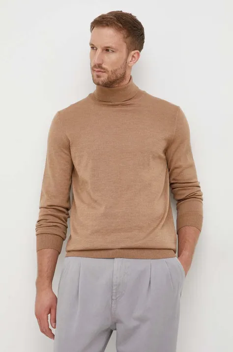 Vuneni pulover Joop! za muškarce, boja: smeđa, lagani, s dolčevitom