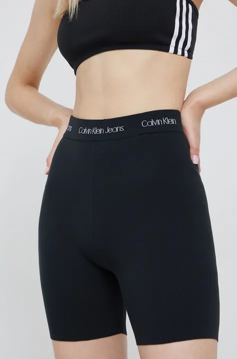 Calvin Klein Jeans rövidnadrág női, fekete, sima, magas derekú
