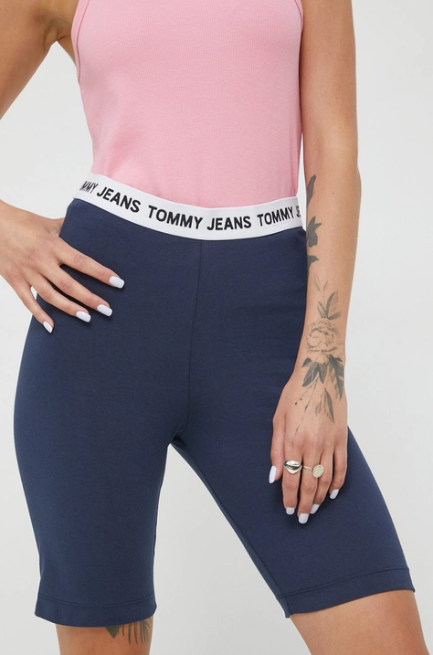 Šortky Tommy Jeans dámske, tmavomodrá farba, jednofarebné, vysoký pás