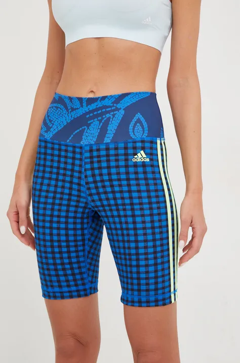 adidas Performance szorty treningowe Farm Rio damskie kolor niebieski wzorzyste high waist