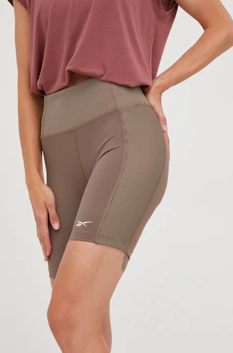 Kratke hlače za jogu Reebok za žene, boja: smeđa, s uzorkom, visoki struk