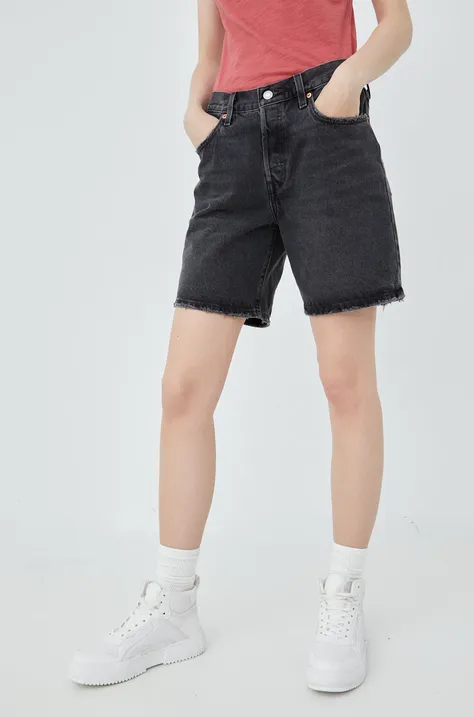 Levi's pantaloni scurti jeans femei, culoarea negru, neted, high waist