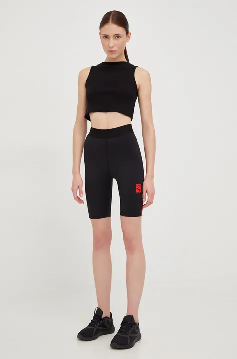 Puma pantaloni scurți de antrenament X Vogue femei, culoarea negru, cu imprimeu, high waist 535080-01