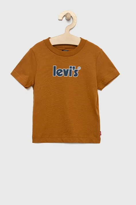Детская хлопковая футболка Levi's цвет коричневый с принтом