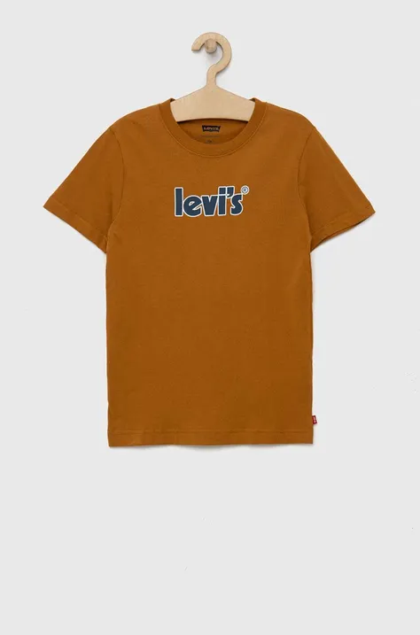 Dječja pamučna majica kratkih rukava Levi's boja: smeđa, s tiskom
