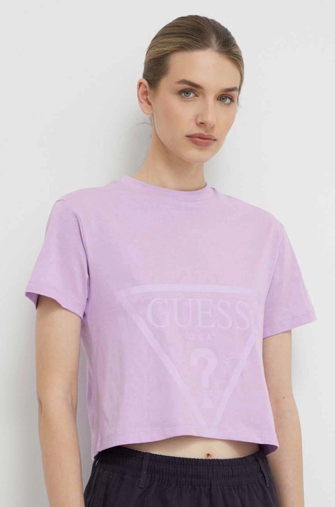 Βαμβακερό μπλουζάκι Guess χρώμα: μοβ