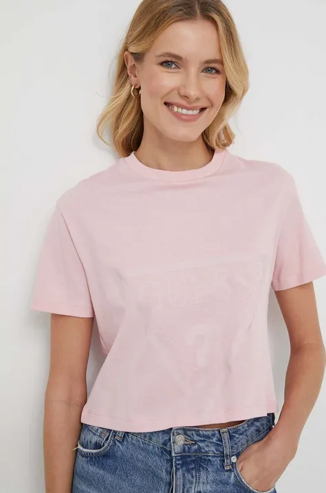 Памучна тениска Guess ADELE в розово V2YI06 K8HM0