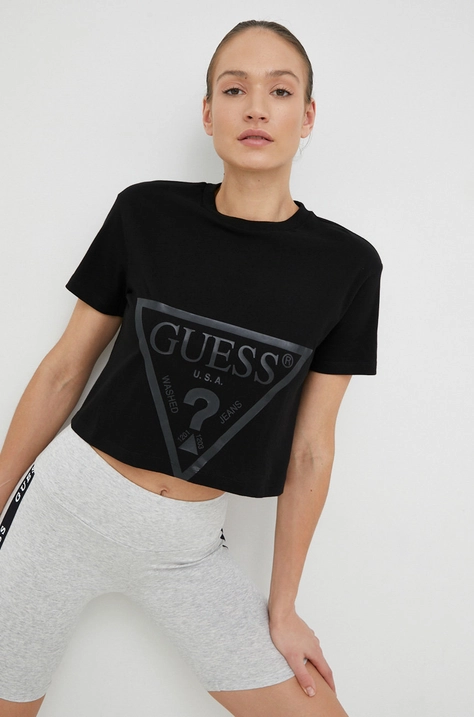 Памучна тениска Guess ADELE в черно V2YI06 K8HM0