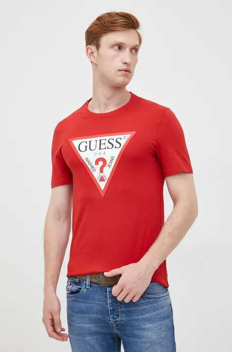 Хлопковая футболка Guess цвет красный с принтом