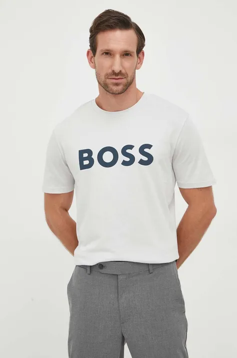 Bavlnené tričko BOSS BOSS CASUAL šedá farba, s potlačou