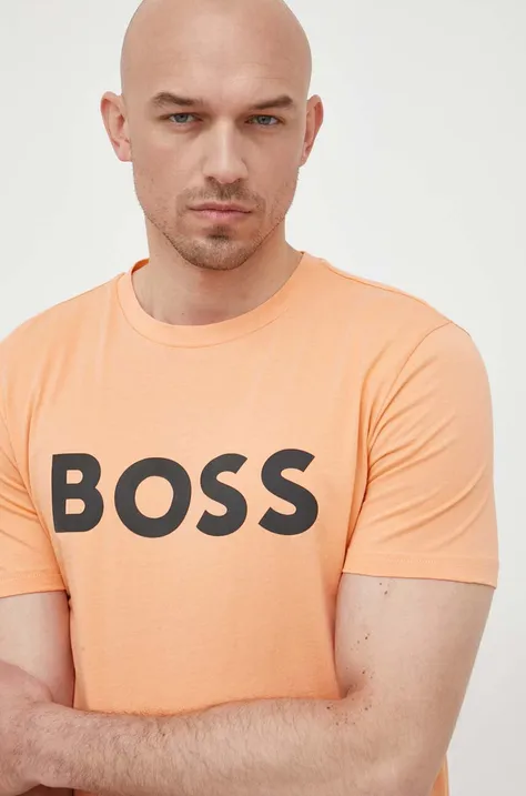 BOSS t-shirt bawełniany BOSS CASUAL kolor pomarańczowy z nadrukiem