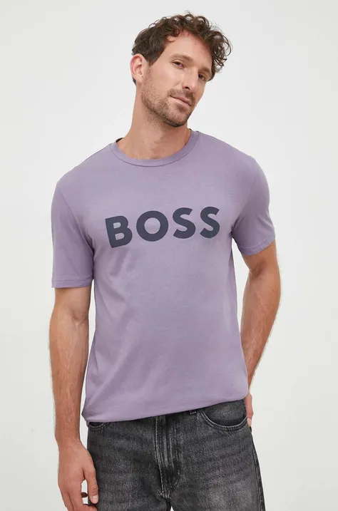 Bavlnené tričko BOSS BOSS CASUAL fialová farba, s potlačou