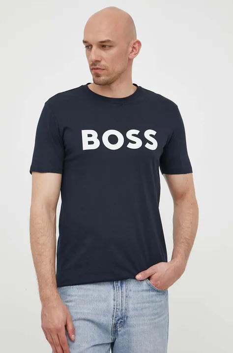 BOSS t-shirt bawełniany BOSS ORANGE kolor niebieski z nadrukiem