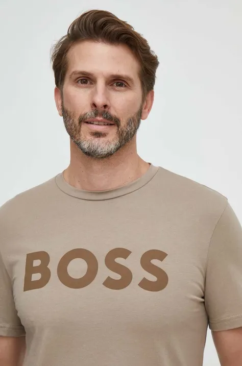 Bavlnené tričko BOSS BOSS CASUAL pánske, hnedá farba, s potlačou