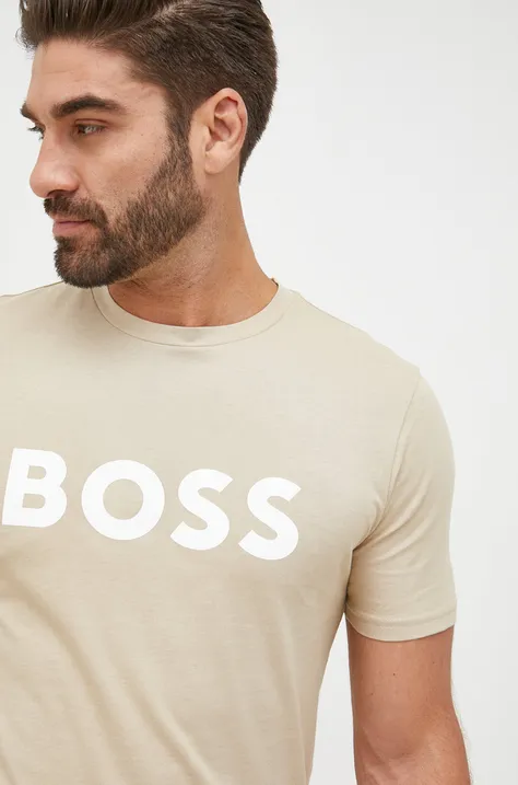 Bavlnené tričko BOSS Boss Casual béžová farba, s potlačou
