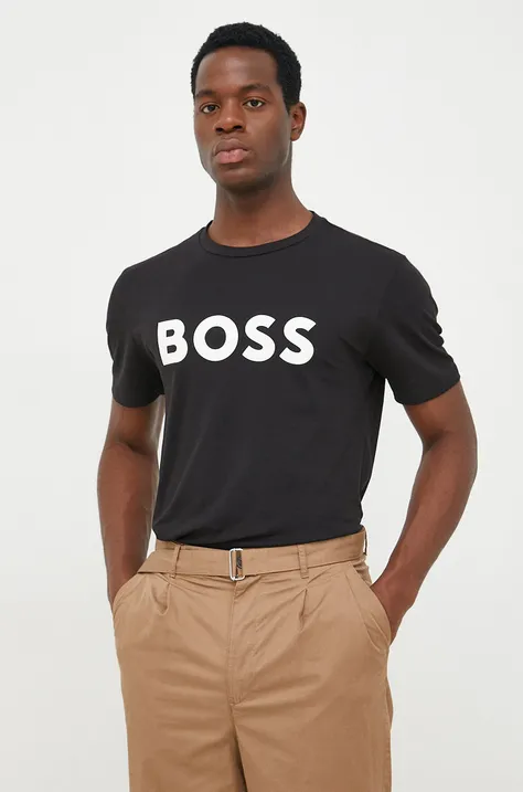 Bavlnené tričko BOSS Boss Casual čierna farba, s potlačou