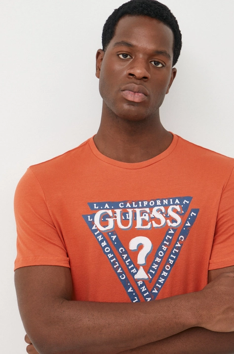 Guess t-shirt narancssárga, férfi, nyomott mintás