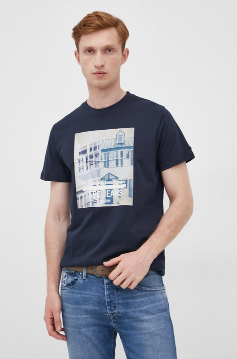 Pepe Jeans t-shirt bawełniany kolor granatowy z nadrukiem