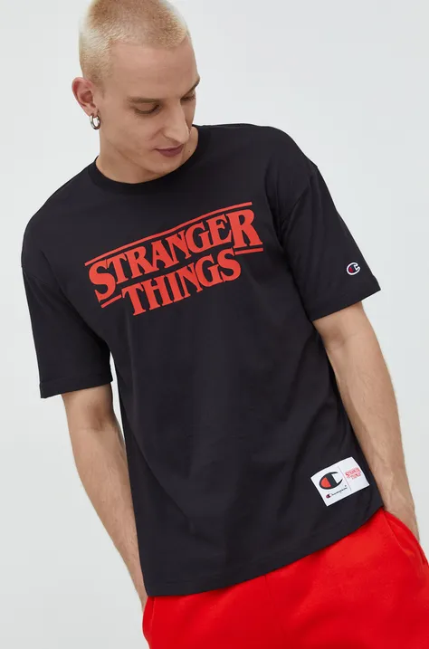 Бавовняна футболка Champion Xstranger Things колір чорний з принтом