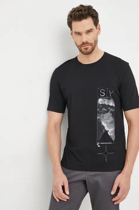 Sisley pamut póló fekete, nyomott mintás