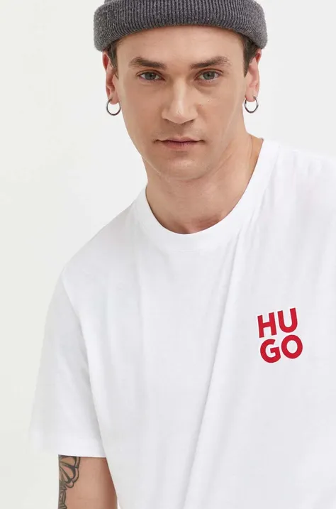 Bombažna kratka majica HUGO bela barva