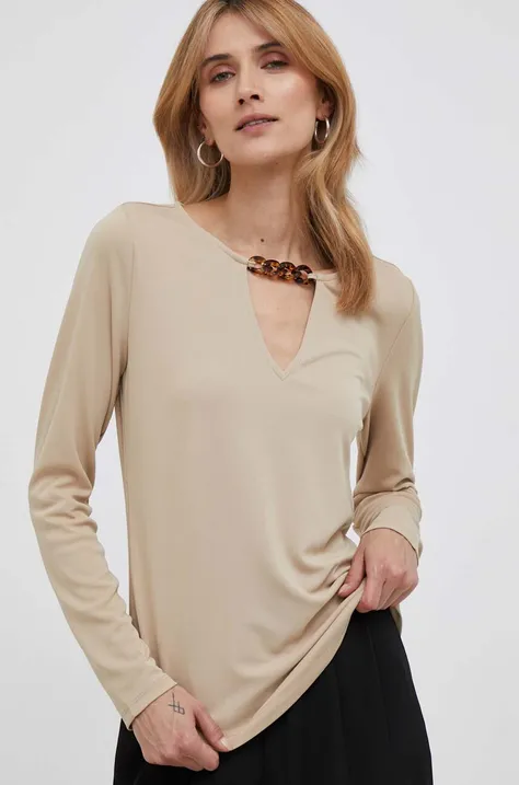 Tričko s dlhým rukávom Lauren Ralph Lauren béžová farba
