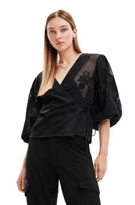 Блузка Desigual жіноча колір чорний з аплікацією