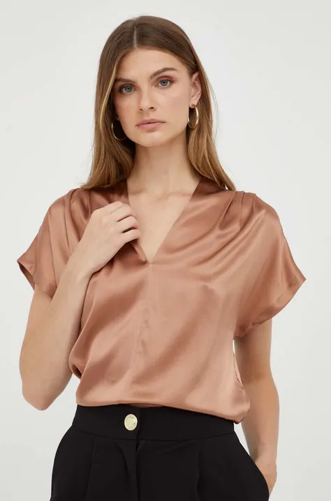 Шовкова блузка Pinko колір коричневий однотонна
