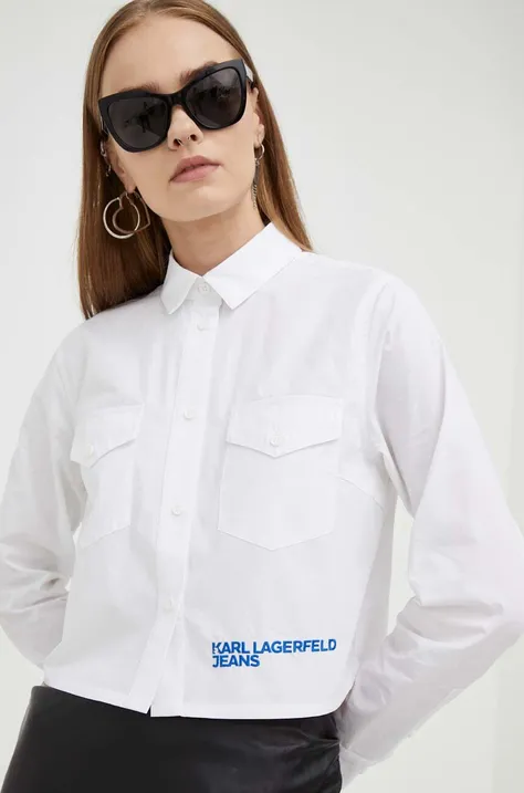 Памучна риза Karl Lagerfeld Jeans дамска в бяло със стандартна кройка с класическа яка