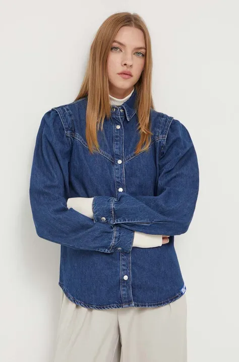 Karl Lagerfeld Jeans camasa jeans femei, culoarea albastru marin, cu guler clasic, regular