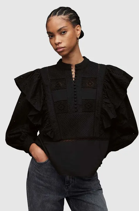 AllSaints bluzka bawełniana AUBREY BRODERIE TOP damska kolor czarny gładka