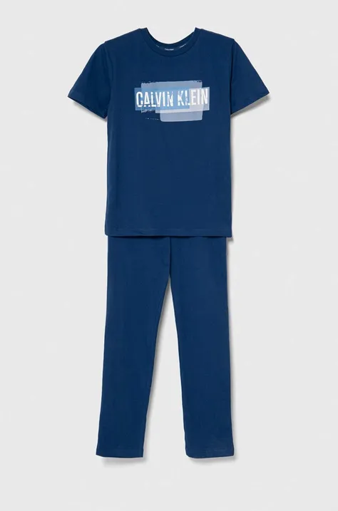Dětské bavlněné pyžamo Calvin Klein Underwear tmavomodrá barva, s potiskem