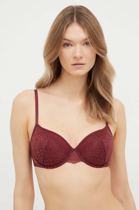 Calvin Klein Underwear sutien culoarea bordo, dantela, neted